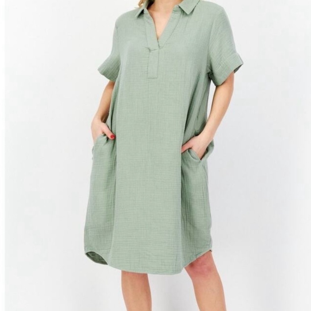 THREE DOTS| Womens Cotton Gauze Midi Dress Size M Green Lagenlook